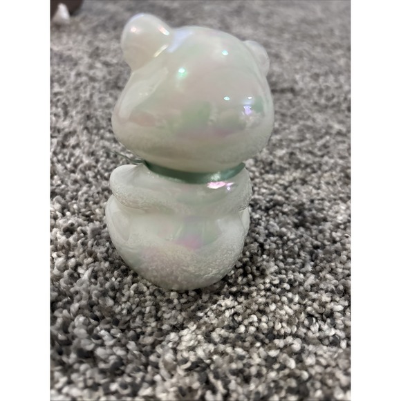 Fenton Iridescent Opalescent Art Glass Bear W/Green Bow & Pink Flower - Picture 3 of 5